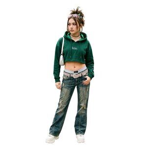 Kin Cropped Green Cotton S Hoodie With Satin-Lined Hood Drawstring